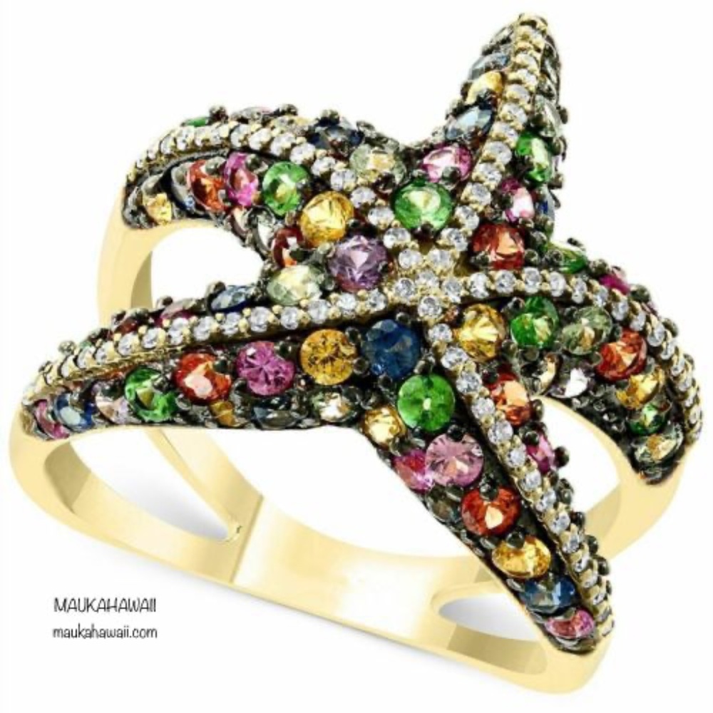 Gold Tone Colorful Rhinestone Crystal Encrusted Starfish Modern Design  7 8 9 10